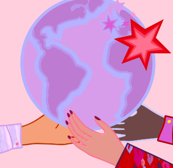 Three diverse, illustrated hands holding a globe.