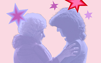 Pink and purple tone image of Mary Kay Ash encouraging another woman with bright graphic stars.