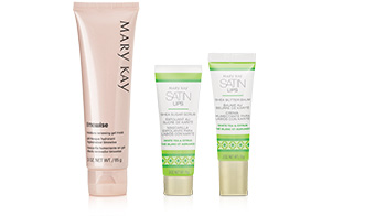 TimeWise Moisture Renewing Gel Mask and Satin Lips from Mary Kay standing against a white background.