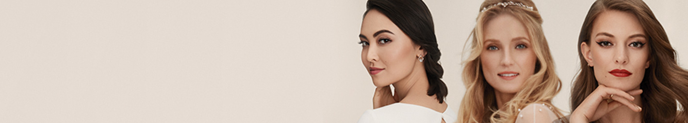 Three models wearing bridal makeup looks from Mary Kay against a beige background.