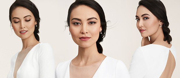 Three different close ups of a model wearing Polished Beauty bridal makeup look from Mary Kay.