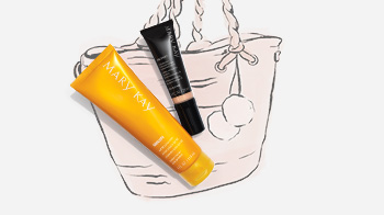 Mary Kay CC Cream Sunscreen SPF 15 and Mary Kay Sun Care SPF 50 Sunscreen styled with a tote bag illustration.