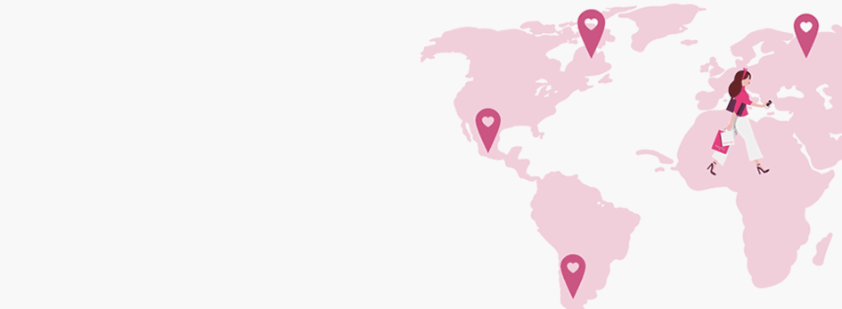 Animated GIF of illustrated Mary Kay Independent Beauty Consultant walking across a world map. 